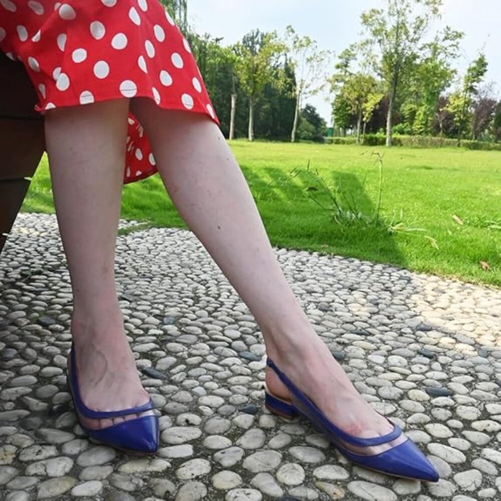 FSJ Women Leather Pointed Toe Low Heel Pumps Comfortable Slip on Slingback Flats